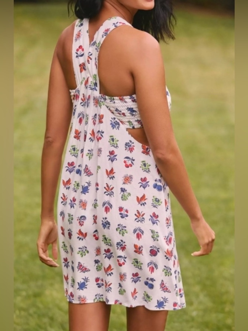 Anthropologie White with Multicolor Floral Smocked Cut Out Mini Dress - Size XS - Picture 2 of 7